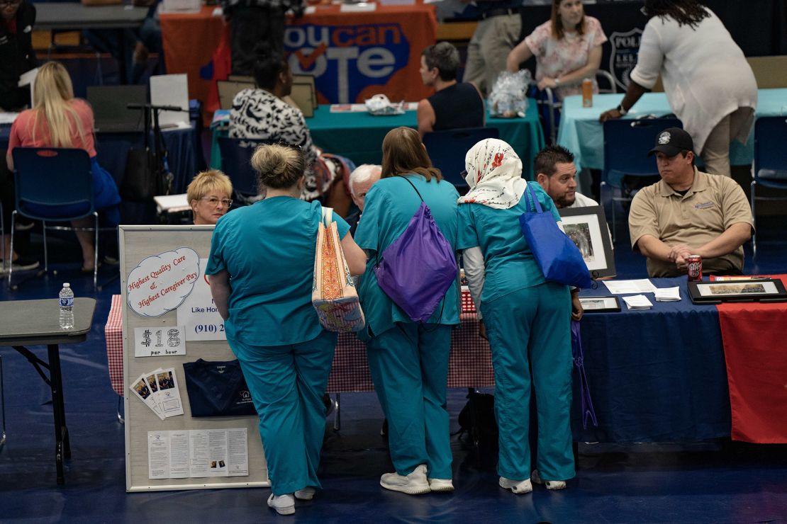 Attendees at a career fair at a community college in Bolivia, North Carolina, on Thursday, April 20, 2023. 