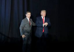 In this September 29, 2016, file photo, retired Gen. Michael Flynn, left, introduces then-Republican presidential candidate Donald Trump at a campaign rally, in Bedford, New Hampshire.