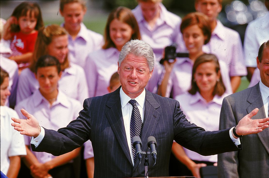17 Jul 1999: President Clinton congratulates the USA Womens Team at the White House in Washington, D.C. after winning the FIFA Women's World Cup game against Team China in the penalty kick shootout 5-4.