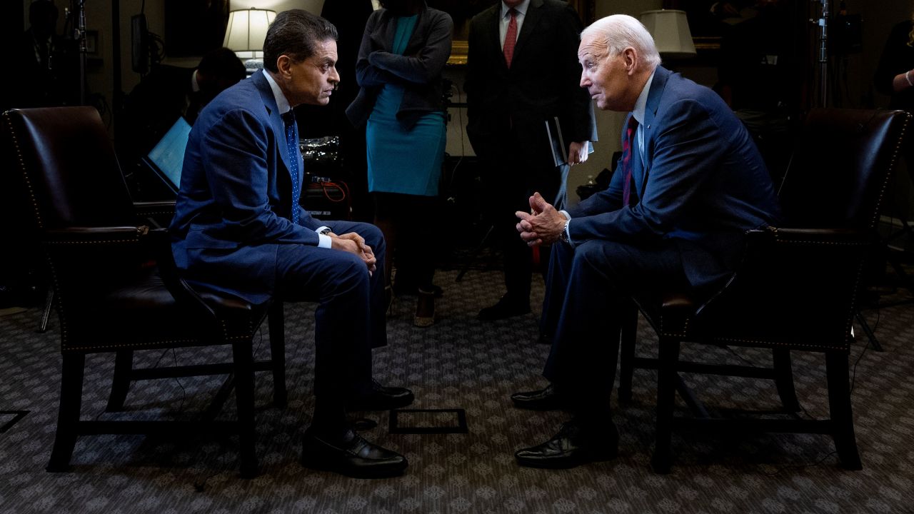 President Joe Biden speaks with CNN's Fareed Zakaria during a televised interview inside the Roosevelt Room at the White House in Washington, on Friday, July 7, 2023. 