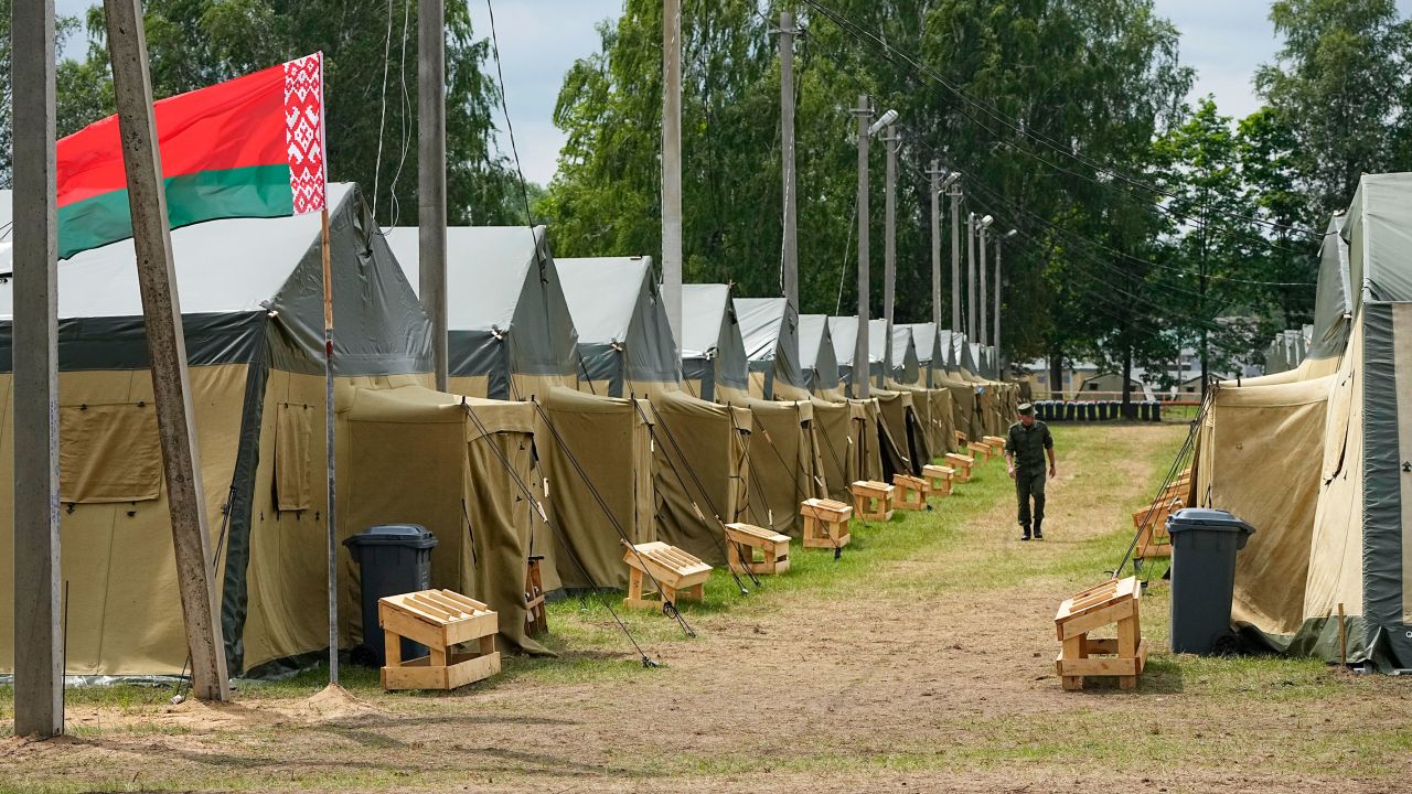 A view of a Belarusian army camp near the village of Tsel, about 55 miles southeast of Minsk, Belarus, Friday, July 7, 2023.