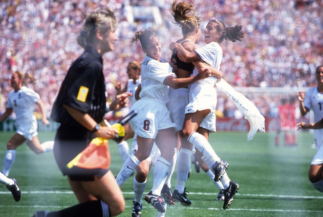 Soccer: FIFA World Cup Final: USA Brandi Chastain (6) victorious with Shannon MacMillan (8) and Kate Sobrero (20) after scoring game winning goal on penalty kick vs China at Rose Bowl Stadium.
Pasadena, CA 7/10/1999
CREDIT: Robert Beck (Photo by Robert Beck /Sports Illustrated via Getty Images)
(Set Number: X58263 TK4 R4 F25 )