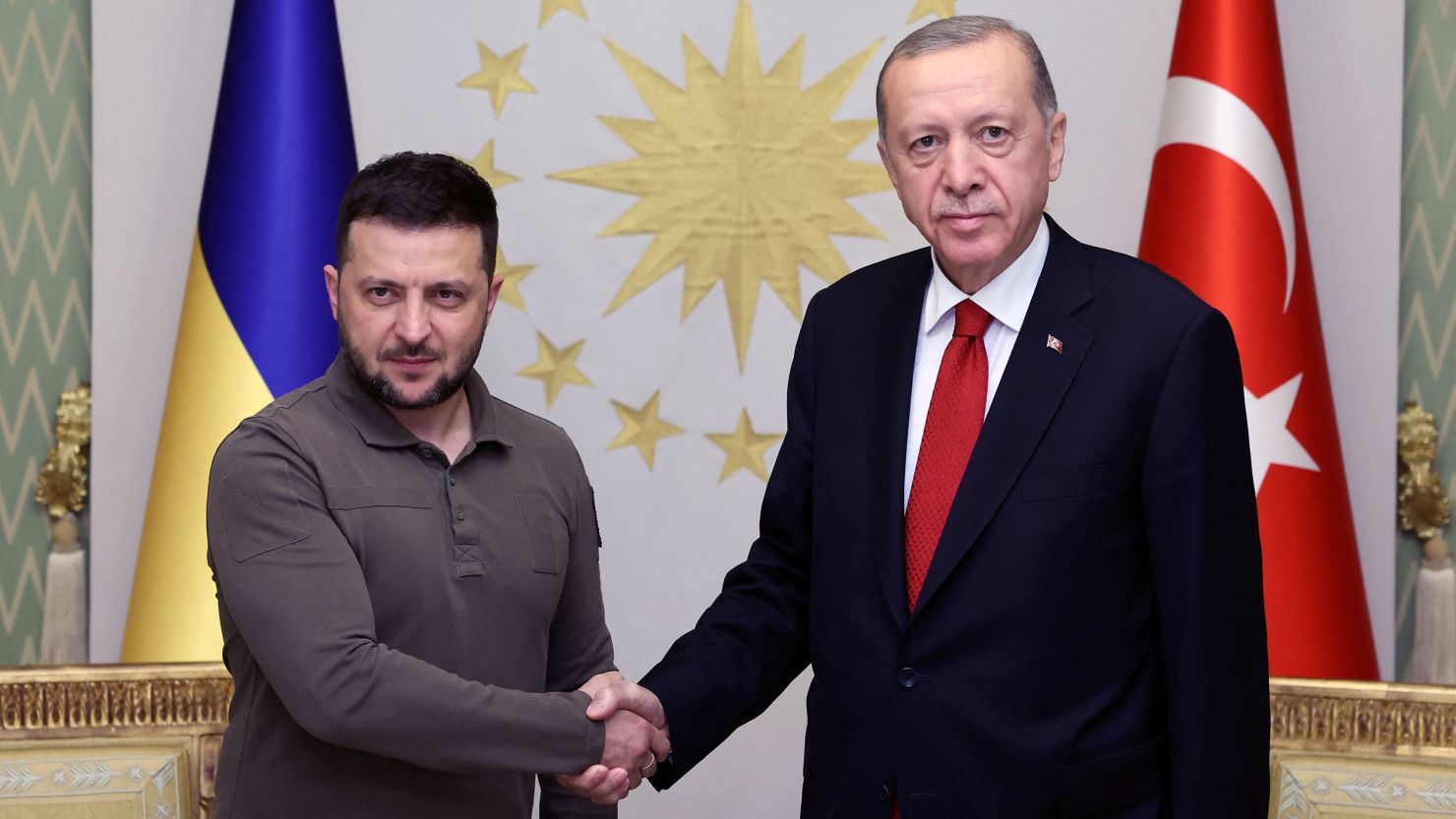 Turkish President Recep Tayyip Erdogan (right) met with Ukraine's President Volodymyr Zelensky in Istanbul, Turkey July 7, 2023. 