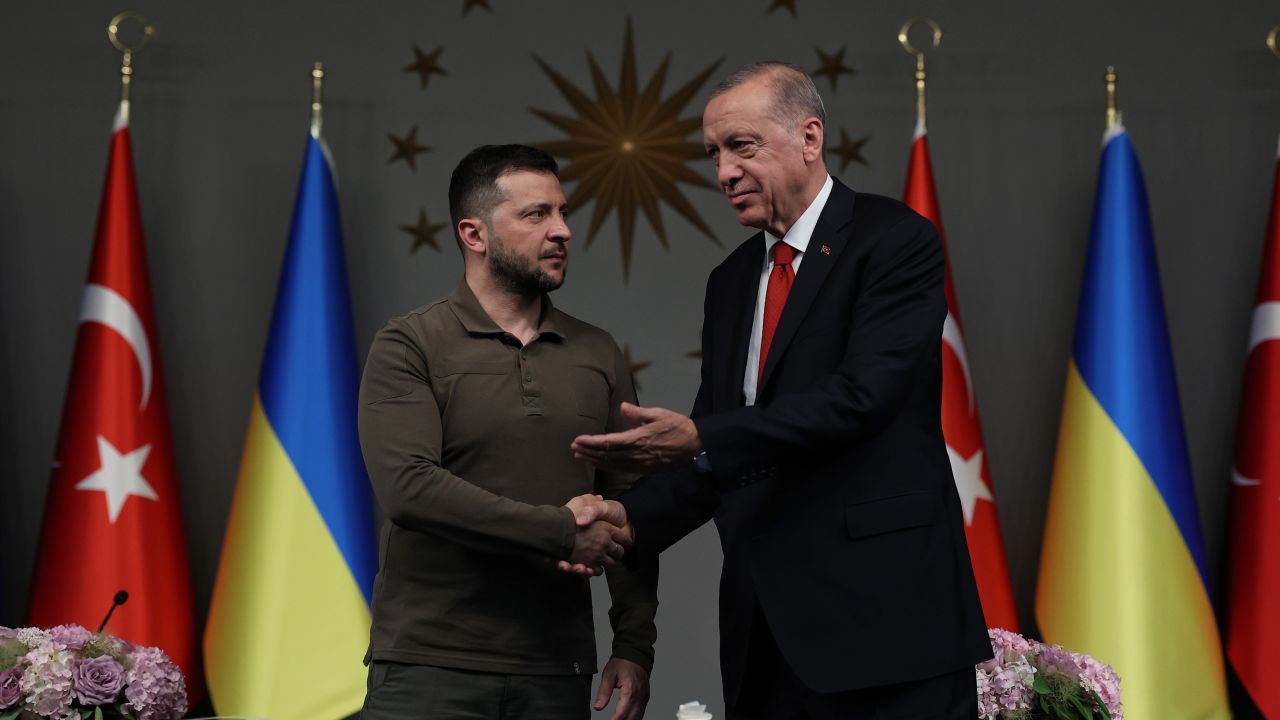 President Erdogan, seen here with Ukraine's President Zelensky on July 8, 2023, has painted himself as the key negotiator between the West and Russia.
