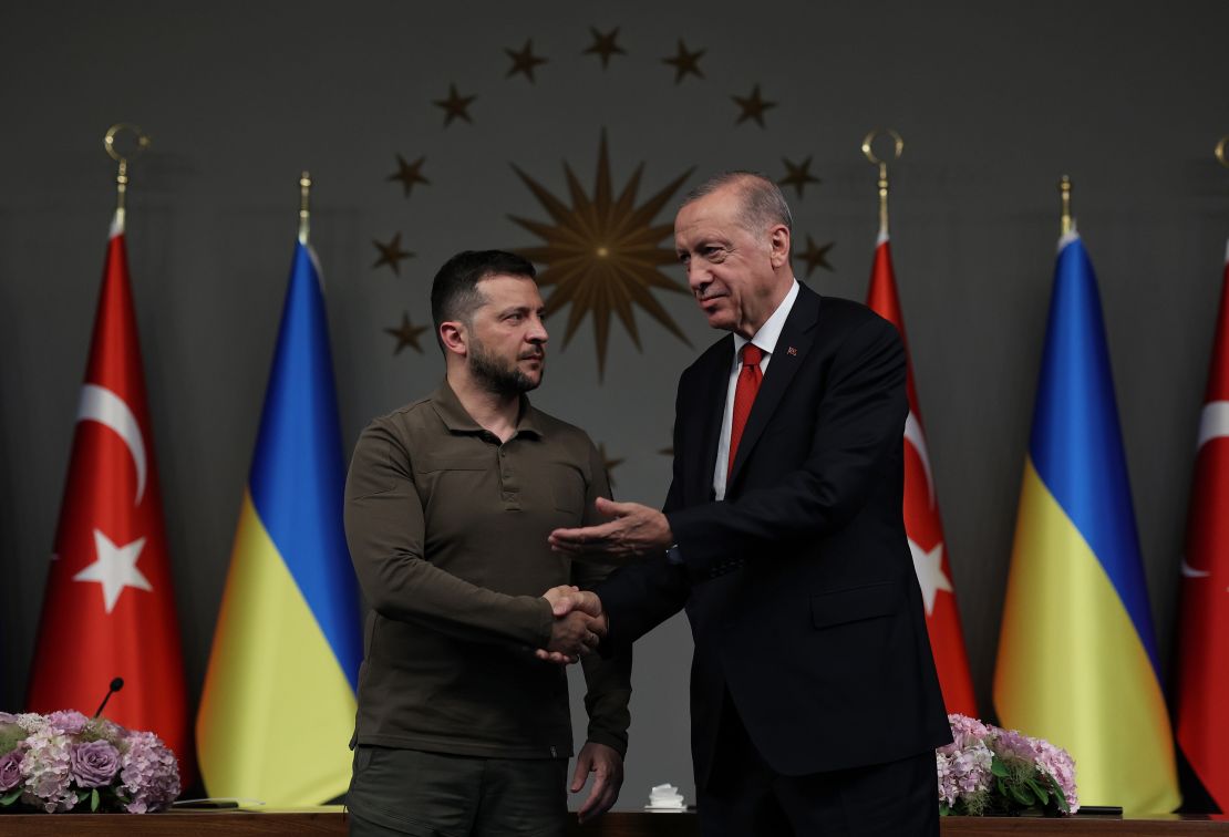 President Erdogan, seen here with Ukraine's President Zelensky on July 8, 2023, has painted himself as the key negotiator between the West and Russia.