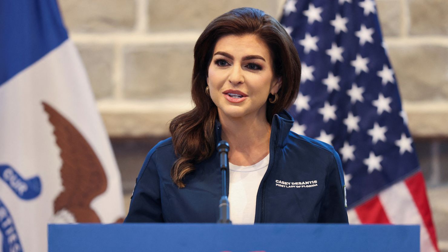 Florida first lady Casey DeSantis talks about her husband Florida Governor Ron Desantis to Iowa residents as she campaigns with him on his second day of campaigning as an official candidate for the 2024 U.S. Republican presidential nomination, at Sun Valley Barn in Pella, Iowa, U.S. May 31, 2023.  