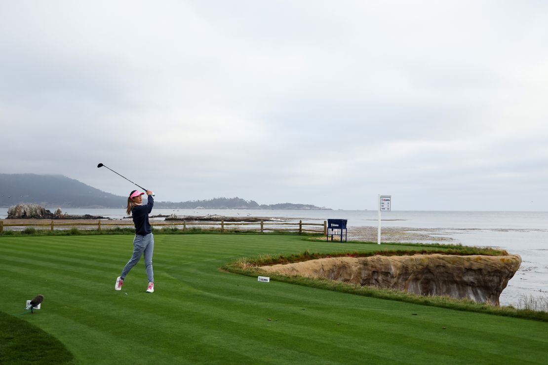 Michelle Wie West of the United States plays her shot from the 18th tee during the second round of the 78th U.S. Women's Open at Pebble Beach Golf Links on July 07, 2023 in Pebble Beach, California.