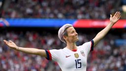 United States' forward Megan Rapinoe celebrates scoring her team's first goal during the France 2019 Women's World Cup quarter-final football match between France and United States, on June 28, 2019, at the Parc des Princes stadium in Paris. 