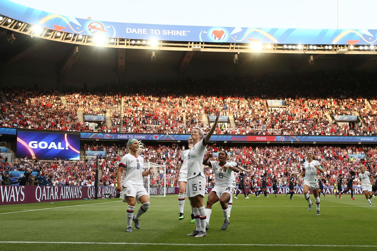 Rapinoe celebrates scoring her team's first of two goals in their 2019 World Cup quarterfinal win over France in Paris.