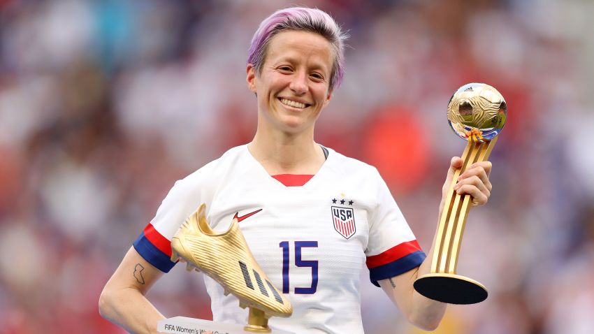 LYON, FRANCE - JULY 07:  Megan Rapinoe of the USA poses for a photograph with the Golden Boot award and the Golden Ball award following the 2019 FIFA Women's World Cup France Final match between The United States of America and The Netherlands at Stade de Lyon on July 07, 2019 in Lyon, France. (Photo by Richard Heathcote/Getty Images)