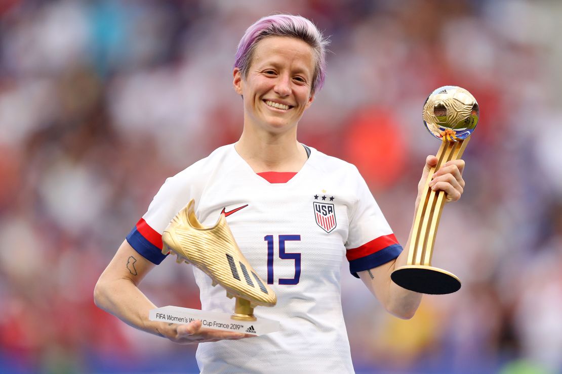 LYON, FRANCE - JULY 07:  Megan Rapinoe of the USA poses for a photograph with the Golden Boot award and the Golden Ball award following the 2019 FIFA Women's World Cup France Final match between The United States of America and The Netherlands at Stade de Lyon on July 07, 2019 in Lyon, France. (Photo by Richard Heathcote/Getty Images)