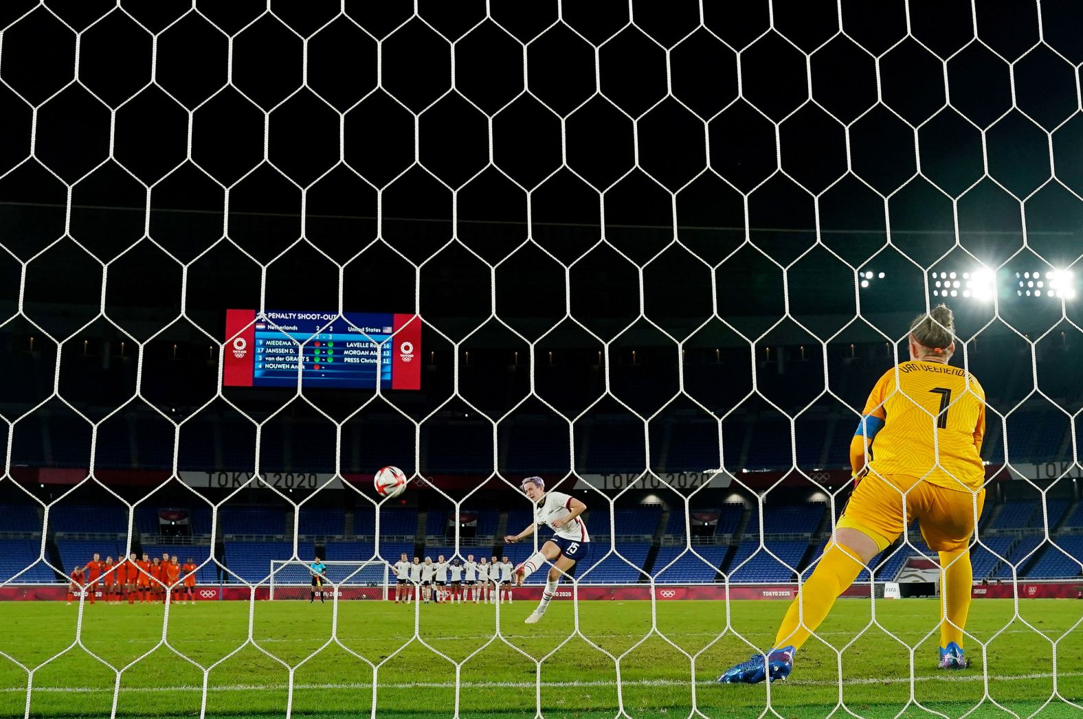 Rapinoe scores the game-winning penalty kick against the Netherlands during the quarterfinals of the Tokyo Olympics in July 2021. The goal advanced the United States' to the semifinals.