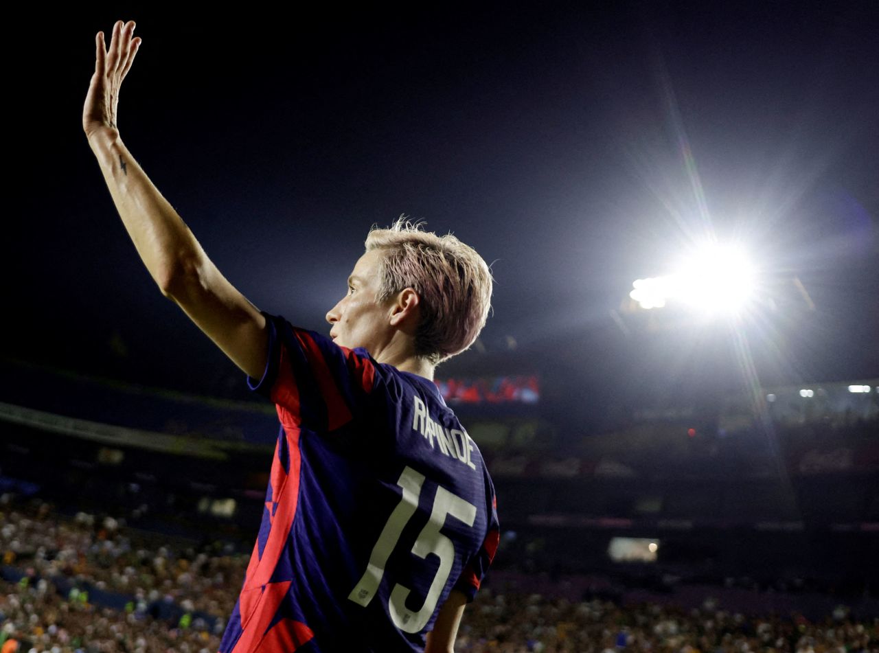 Rapinoe waves to fans after a match against Mexico in Monterrey, Mexico, in July 2022.