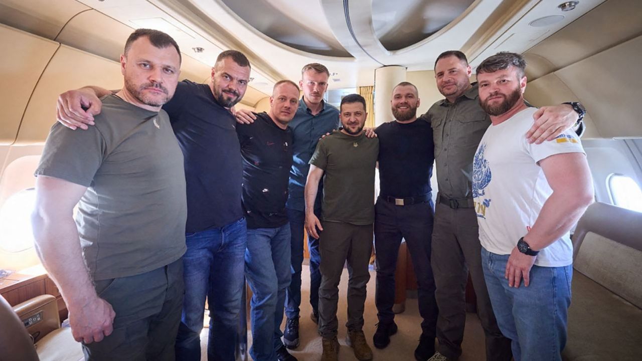 Zelensky pictured with Azovstal commanders as they return to Ukraine from Istanbul.