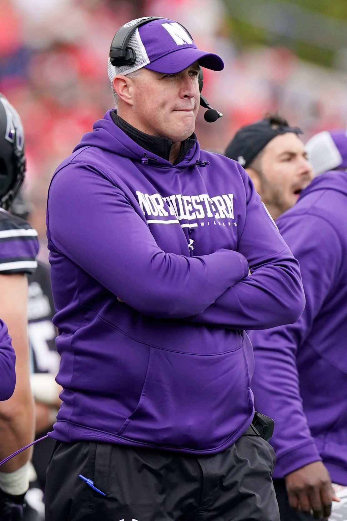 Former Northwestern University head football coach Pat Fitzgerald watches during a game against Ohio State on November 5, 2022.