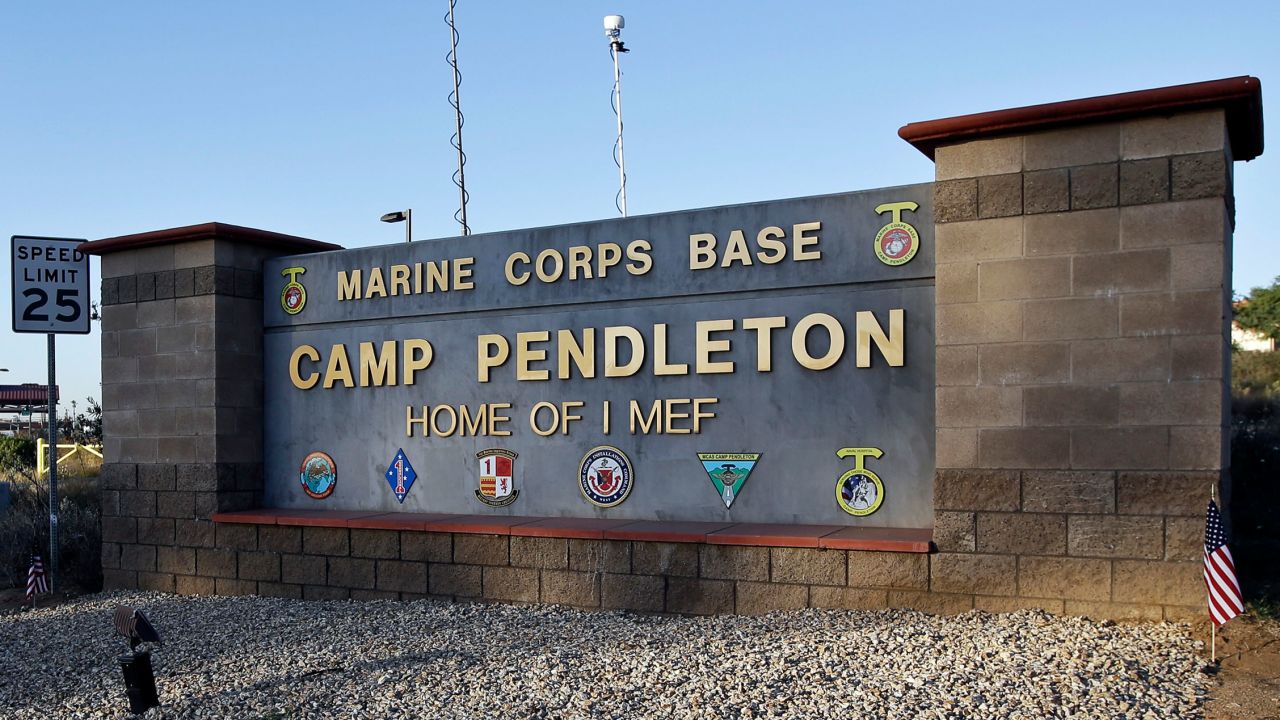This 2013 file photo shows the main gate of Marine Corps Base Camp Pendleton in California.