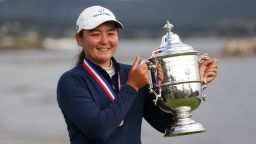 PEBBLE BEACH, CALIFORNIA - JULY 09: Allisen Corpuz of the United States celebrates with the Harton S. Semple Trophy after winning the 78th U.S. Women's Open at Pebble Beach Golf Links on July 09, 2023 in Pebble Beach, California. (Photo by Ezra Shaw/Getty Images)