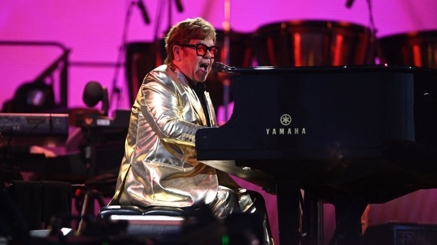 British legendary singer Elton John performs on the Pyramid Stage on day 5 of the Glastonbury festival in the village of Pilton in Somerset, southwest England, on June 25, 2023. Elton John closes out Britain's legendary Glastonbury Festival on Sunday in what has been billed as his final UK performance. The 76-year-old pop superstar is winding down a glittering live career with a global farewell tour, having played his last concerts in the United States in May ahead of a final gig in Stockholm on July 8. (Photo by Oli SCARFF / AFP) (Photo by OLI SCARFF/AFP via Getty Images)