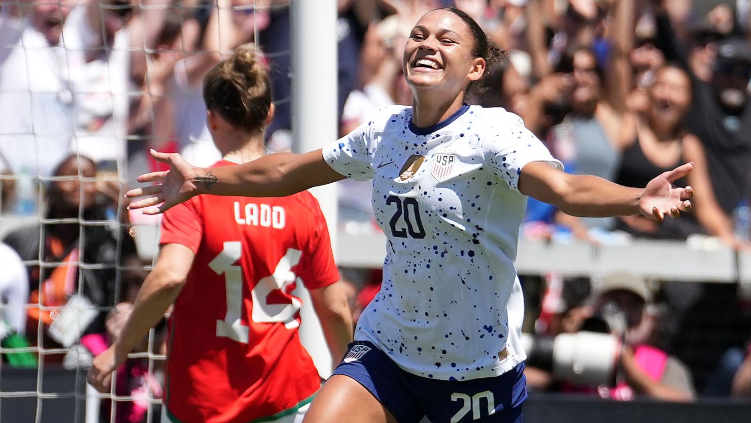 SAN JOSE, CALIFORNIA - JULY 09: Trinity Rodman #20 of the United States celebrates scoring during the second half of an international friendly against Wales at PayPal Park on July 09, 2023 in San Jose, California.