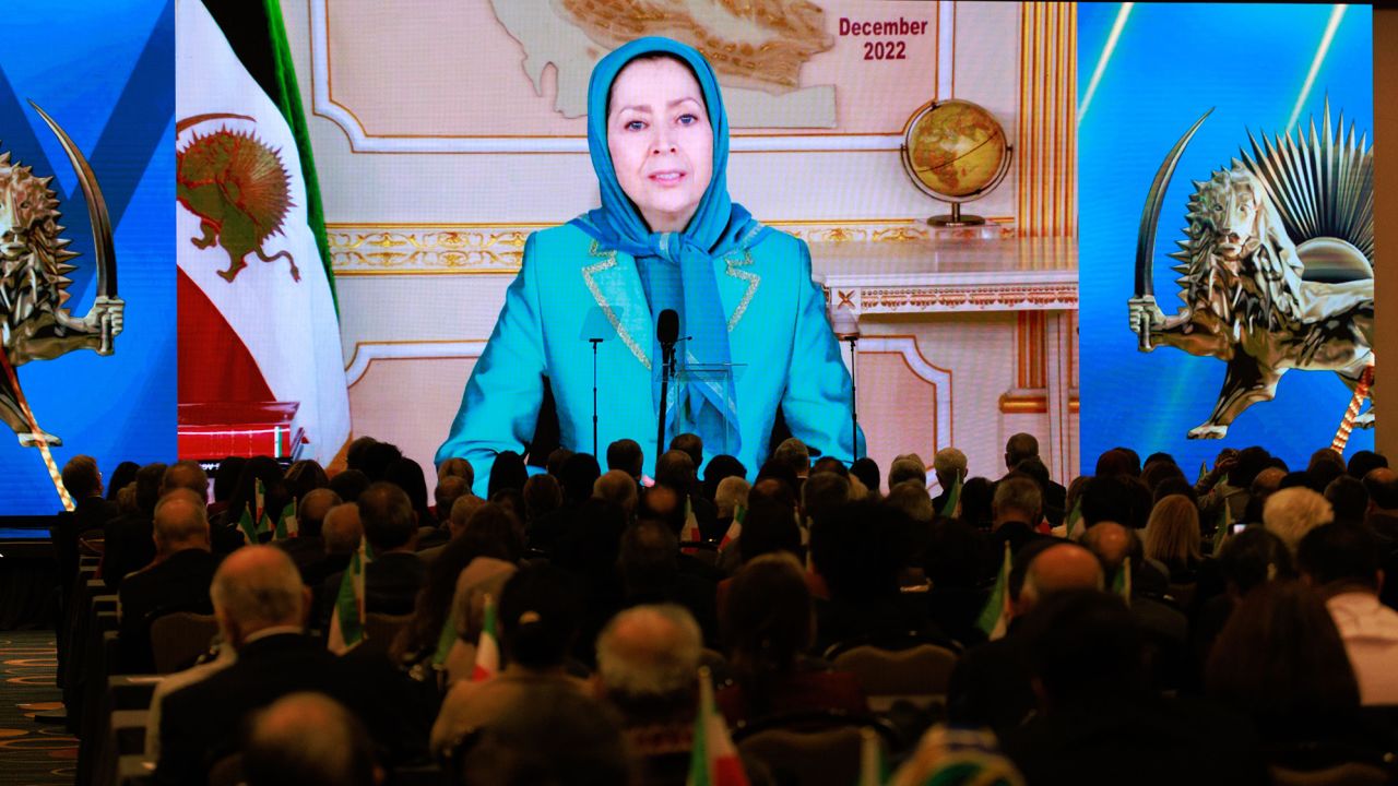 Maryam Rajavi, leader of the MeK, speaks remotely at the 'Washington Summit, Iran Uprising in its Fourth Month: Prospects & Correct Policy Options' hosted by the Organization of Iranian American Communities at the Hyatt Regency Hotel in Washington, D.C. on December 17, 2022.