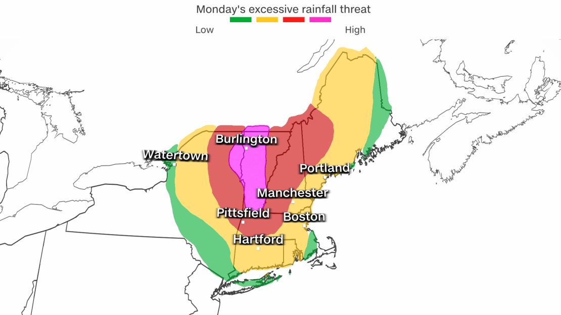 This graphic shows where a rare high risk, the highest possible, for excessive rainfall is in place Monday.