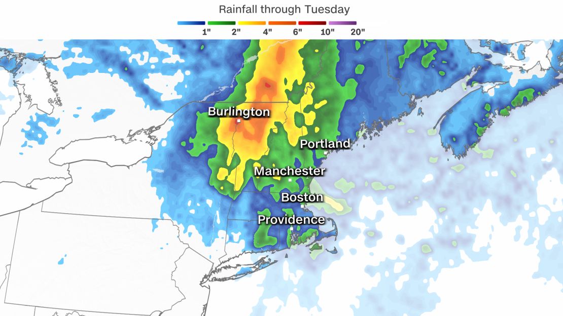 This graphic shows expected rainfall totals through Tuesday across parts of New England.