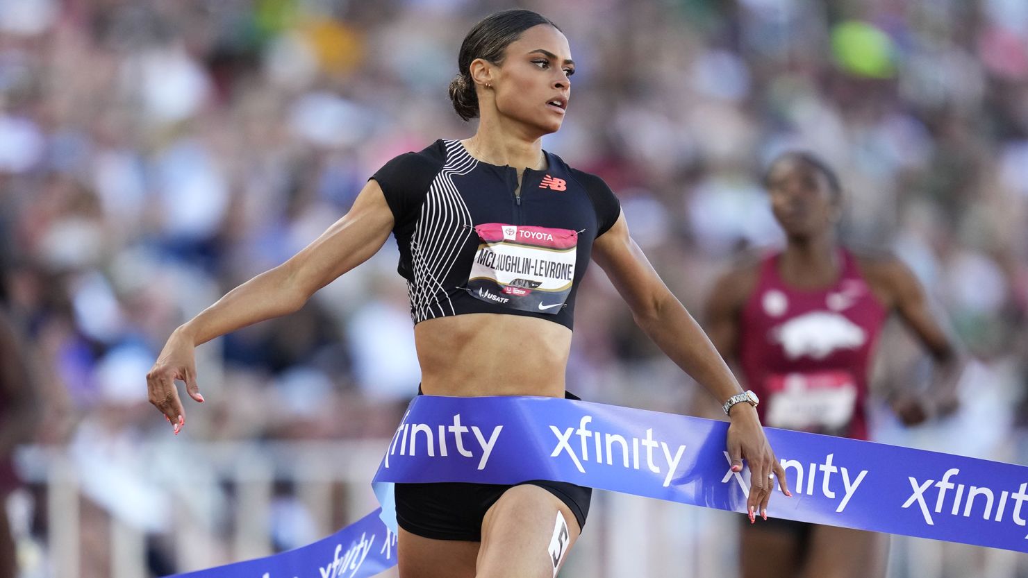 Sydney McLaughlin-Levrone crosses the finish line to win the women's 400 meter final during the U.S. track and field championships in Eugene, Ore., Saturday, July 8, 2023. (AP Photo/Ashley Landis)