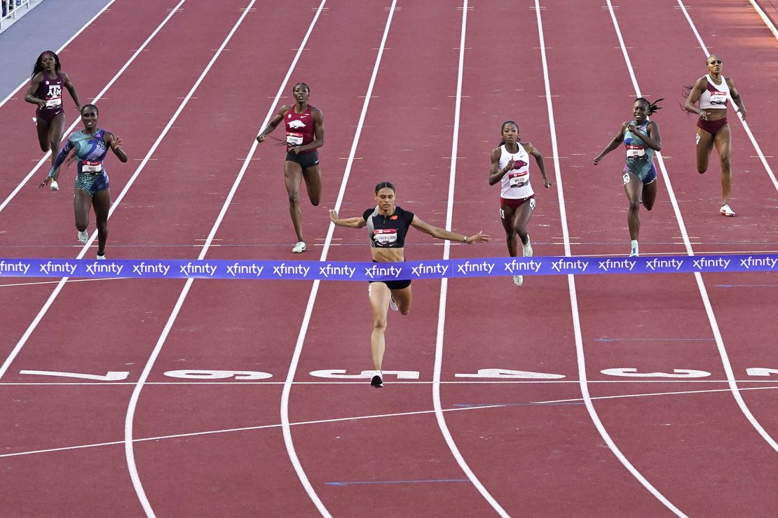 Sydney McLaughlin-Levrone crosses the finish line to win the women's 400 meter final during the U.S. track and field championships in Eugene, Ore., Saturday, July 8, 2023. (AP Photo/Ashley Landis)
