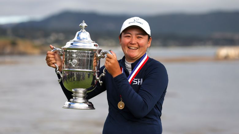 PEBBLE BEACH, CALIFORNIA - JULY 09: Allisen Corpuz of the United States celebrates with the Harton S. Semple Trophy after winning the 78th U.S. Women's Open at Pebble Beach Golf Links on July 09, 2023 in Pebble Beach, California. (Photo by Ezra Shaw/Getty Images)