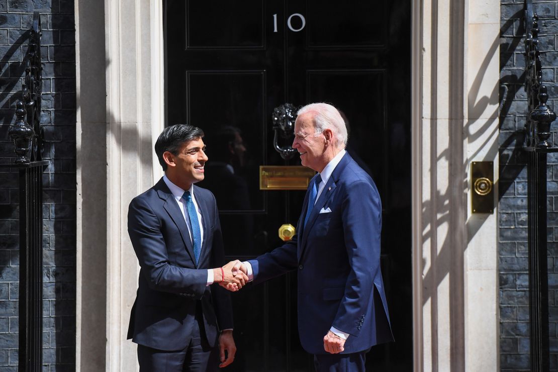 US President Joe Biden, right, shakes hands with  Rishi Sunak, UK prime minister, ahead of their meeting at Downing Street in London, UK, on Monday, July 10, 2023. 