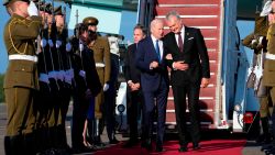 President Joe Biden talks with Lithuania's President Gitanas Nauseda as he arrives at Vilnius airport ahead of a NATO summit in Vilnius, Lithuania, Monday, July 10, 2023. (AP Photo/Susan Walsh)