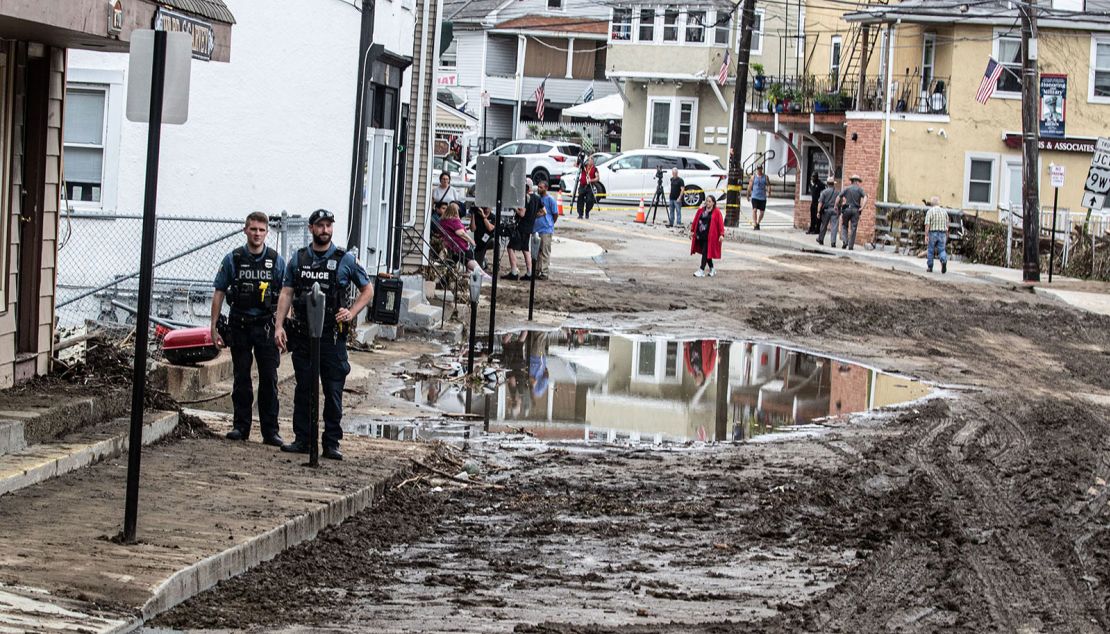 The aftermath of flooding in Main Street in Highland Falls, New York, is seen Monday.