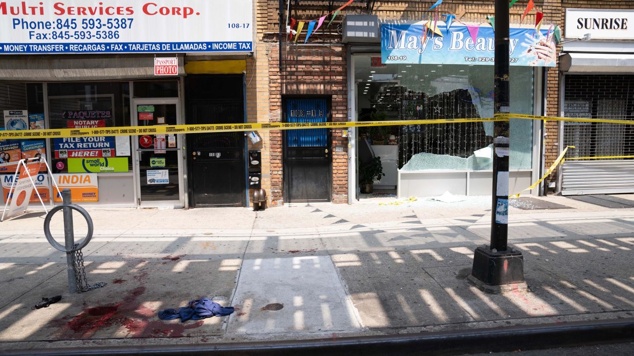 The scene where an 87-year-old man was fatally shot on Jamaica Avenue in the Queens borough of New York City.