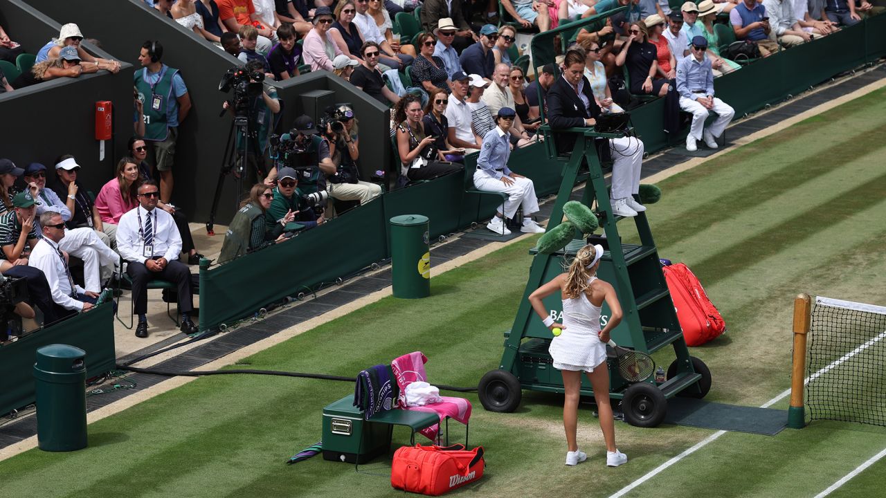LONDON, ENGLAND - JULY 10: Mira Andreeva talks to the umpire after throwing her racket to the ground during their Ladies Singles Round of 16 match against Madison Keys (USA) on day eight of The Championships Wimbledon 2023 at All England Lawn Tennis and Croquet Club .  on July 10, 2023 in London, England.  (Photo by Charlotte Wilson/Offside/Offside via Getty Images)