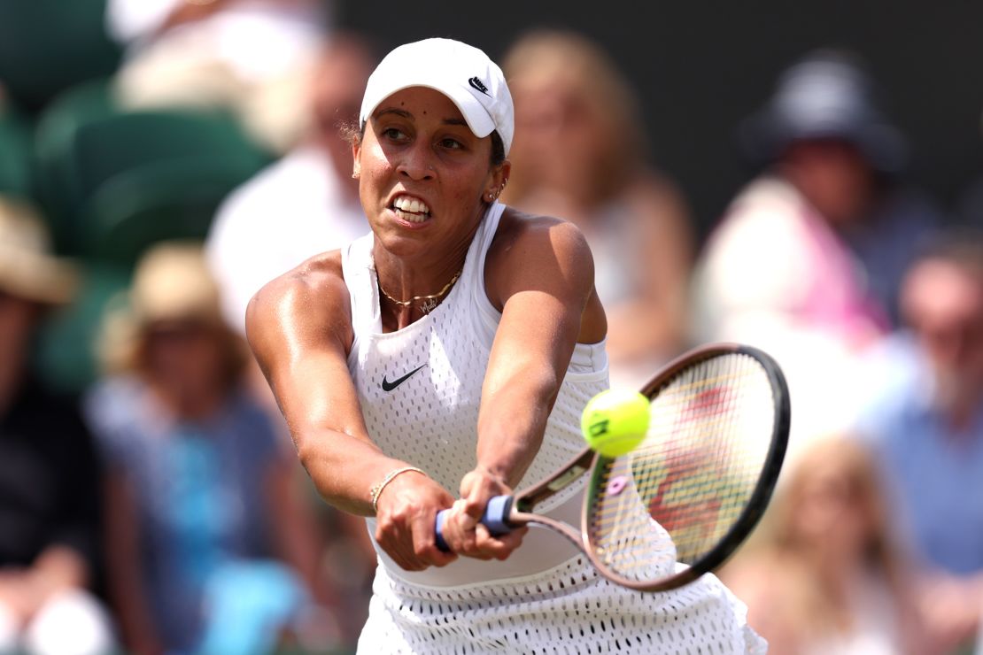 LONDON, ENGLAND - JULY 10: Madison Keys of United States plays a backhand against Mirra Andreeva in the Women's Singles fourth round match during day eight of The Championships Wimbledon 2023 at All England Lawn Tennis and Croquet Club on July 10, 2023 in London, England. (Photo by Clive Brunskill/Getty Images)