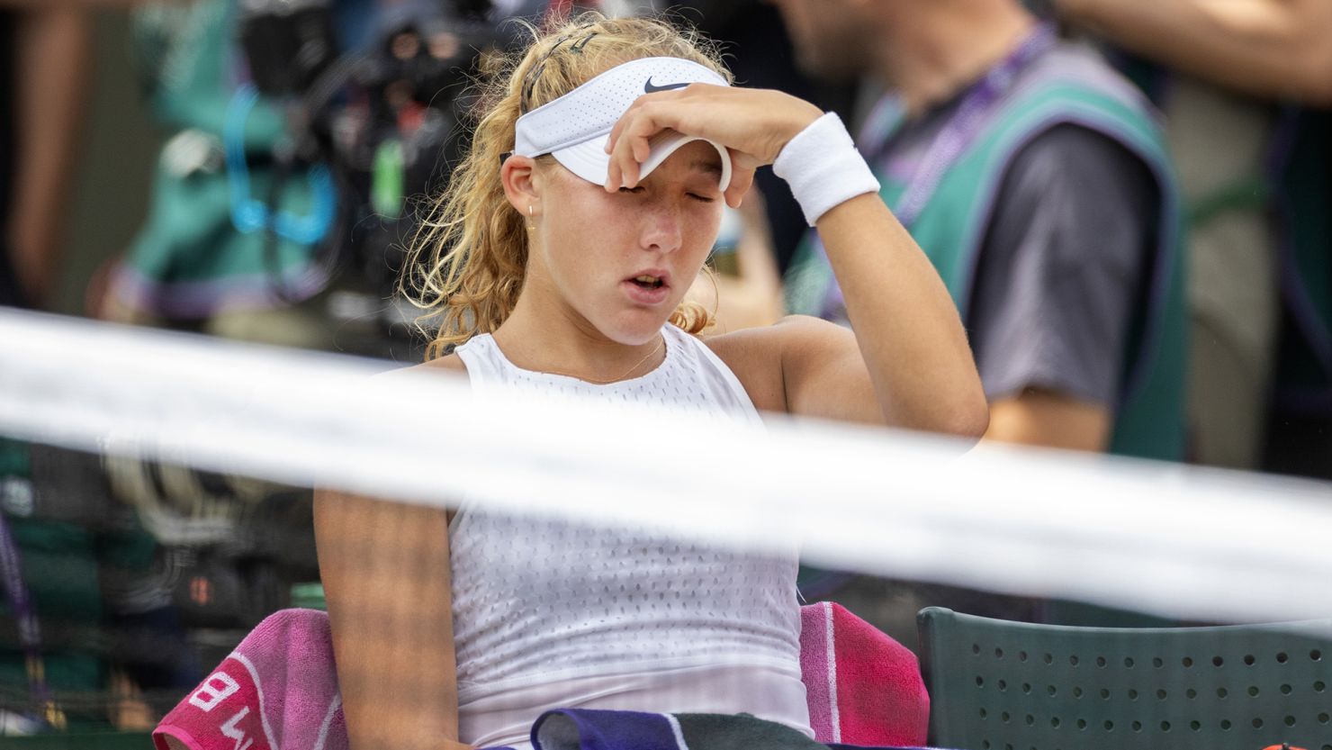 LONDON, ENGLAND - JULY 10.   Mirra Andreeva of Russia in tears in the third set during her loss to Madison Keys of the United States in the Ladies' Singles fourth-round match on Court Two during the Wimbledon Lawn Tennis Championships at the All England Lawn Tennis and Croquet Club at Wimbledon on July 10, 2023, in London, England. (Photo by Tim Clayton/Corbis via Getty Images)