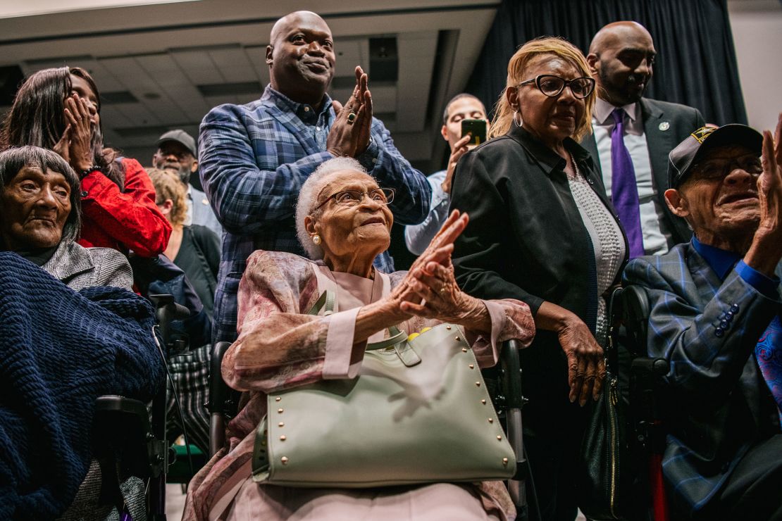 (From left to right) Lessie Benningfield Randle, Viola Fletcher, and Hughes Van Ellis sing together at a rally during commemorations of the 100th-year mark since the massacre on June 1, 2021 in Tulsa.