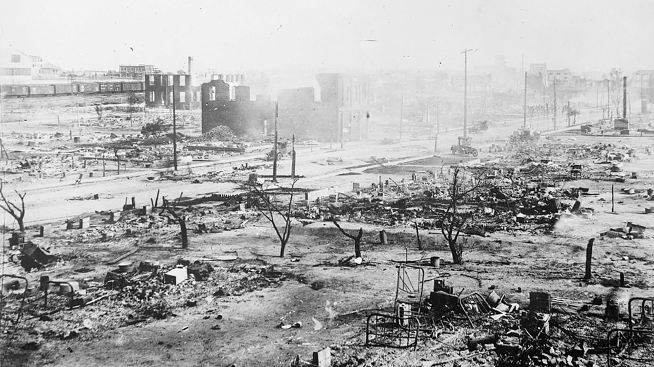 The Greenwood neighborhood is seen in ruins after a mob passed during the race massacre in Tulsa, Oklahoma, on June 1, 1921.
