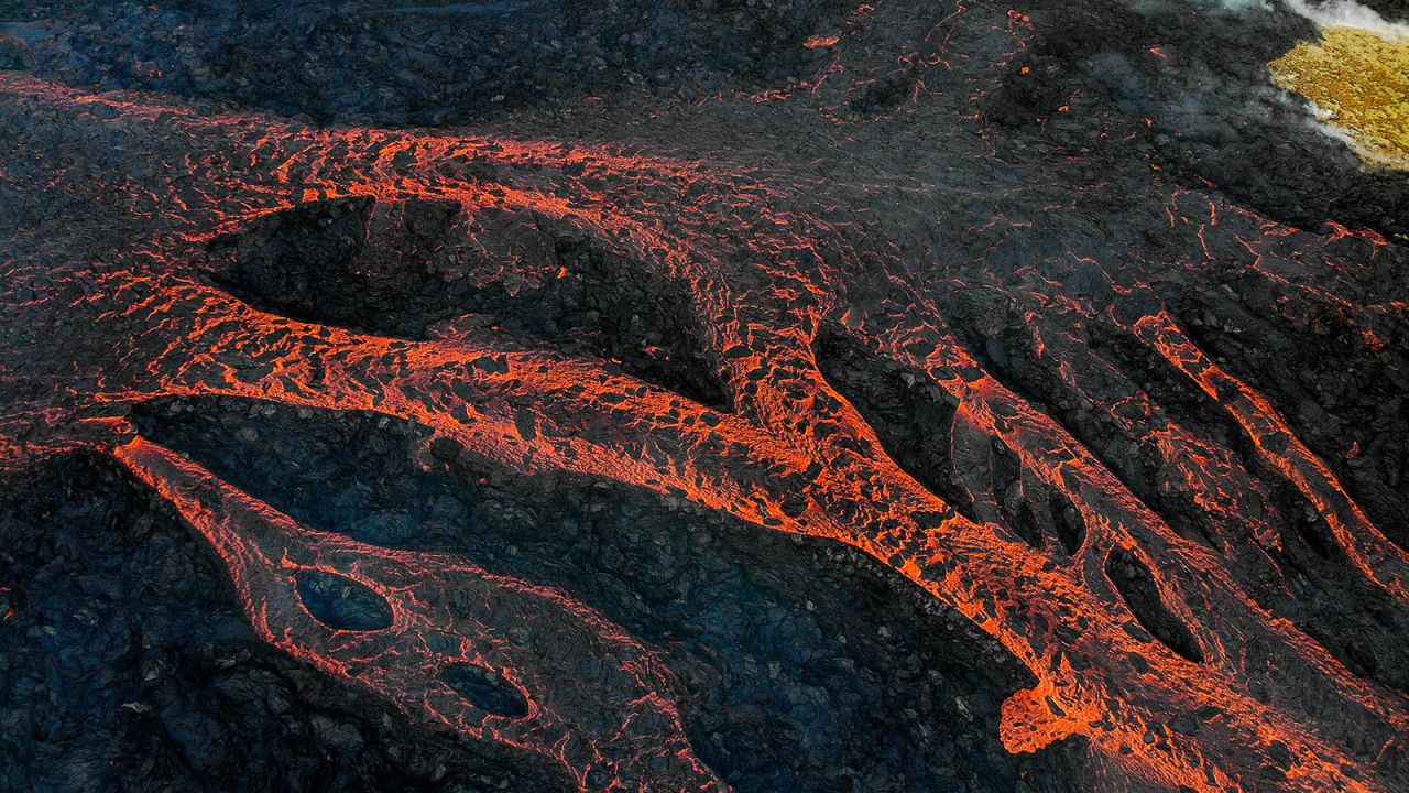 Streams of lava near Litli Hrutur, Iceland, on July 10, 2023.