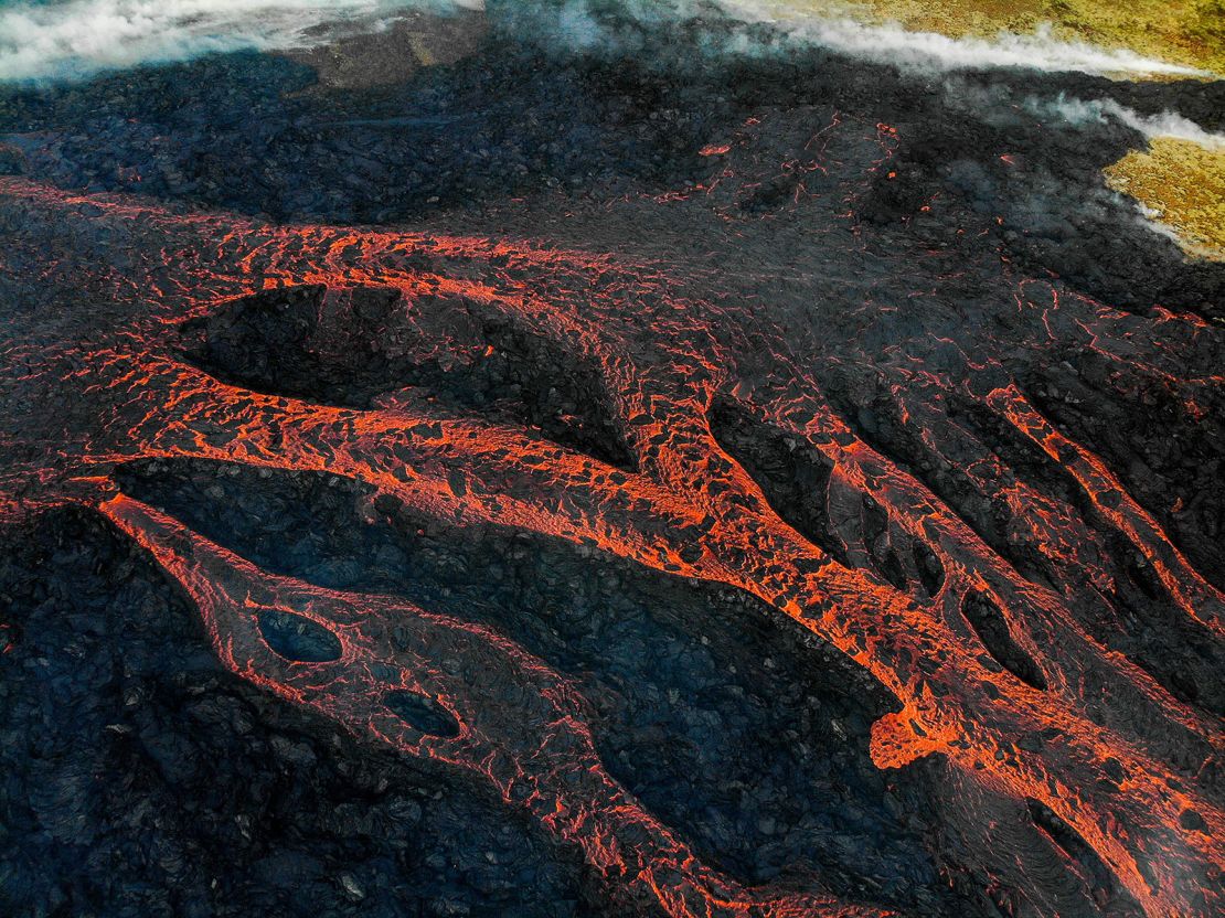Streams of lava near Litli Hrutur, Iceland, on July 10, 2023.