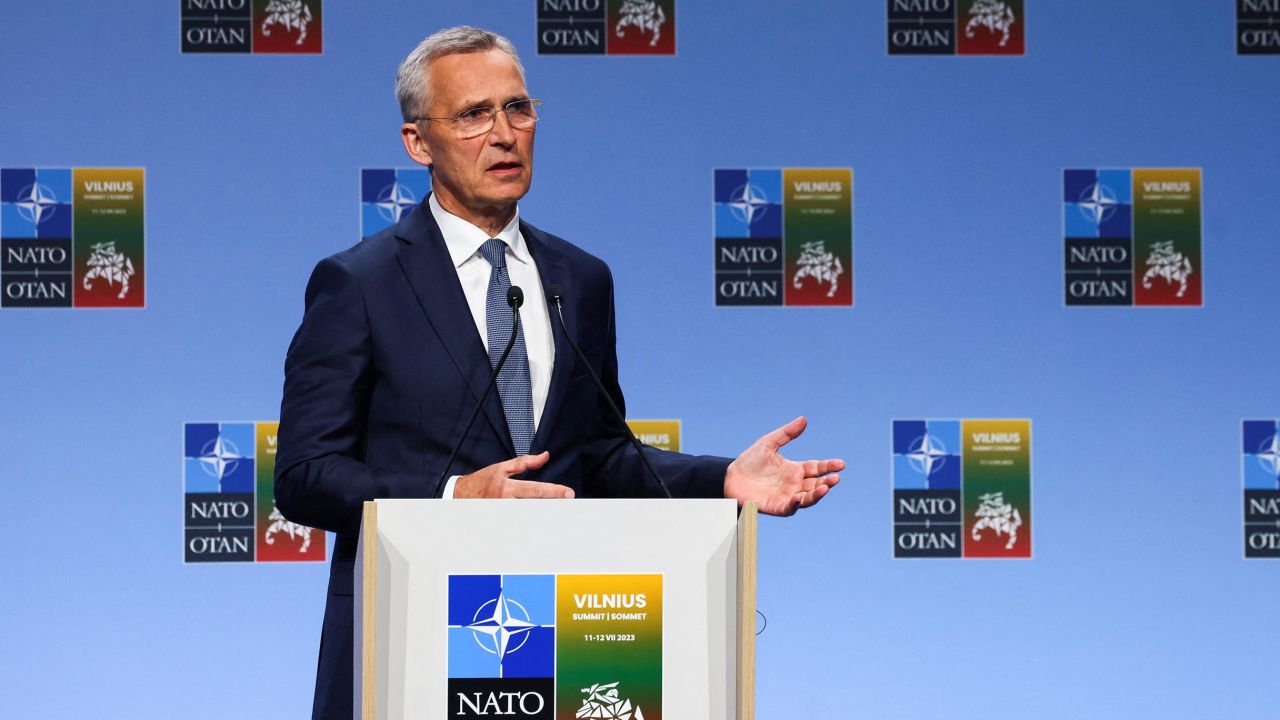 NATO Secretary General Jens Stoltenberg speaks to the press on the eve of a NATO summit, in Vilnius, Lithuania July 10, 2023.