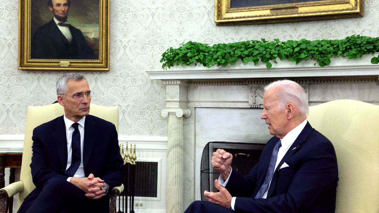 US President Joe Biden meets with NATO Secretary General Jens Stoltenberg in the Oval Office of the White House on June 13, 2023.