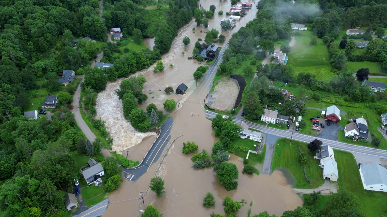 Drone video taken Monday over Londonderry, Vermont, shows the extent of the flooding.