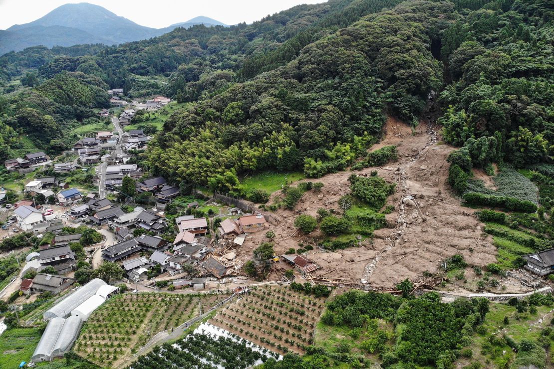 A landslide site is seen in the city of Karatsu, Saga prefecture, on July 11, 2023, a day after heavy rains hit wide areas of Kyushu island.