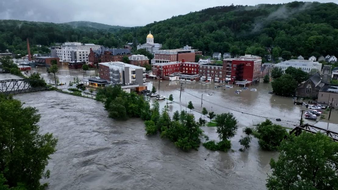 Floodwater surround buildings in downtown Montpelier, Vermont, on Tuesday.