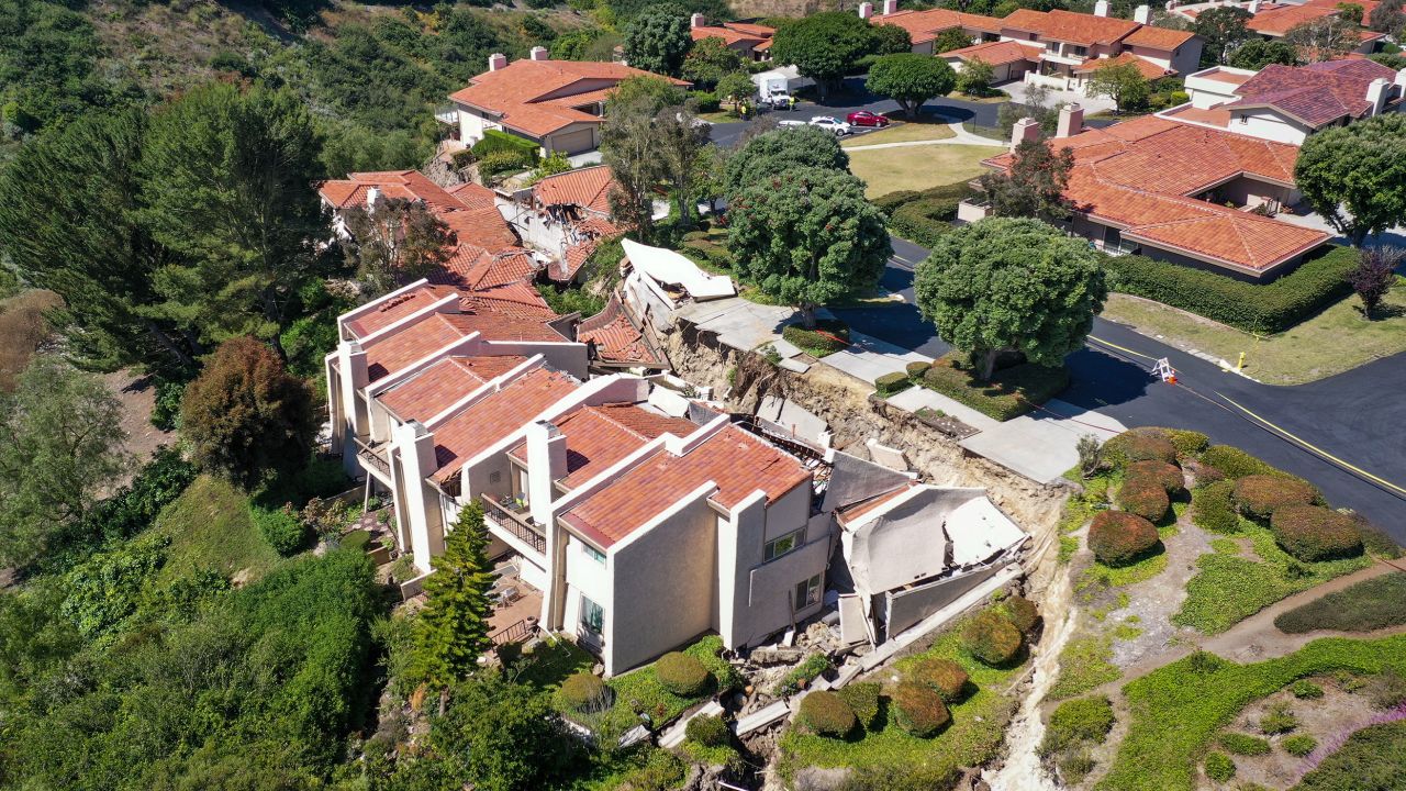 This drone footage shows damage in Rolling Hills Estates, California.