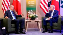 President Joe Biden and Turkey's President Recep Tayyip Erdogan meet on the sidelines of the NATO summit in Vilnius, Lithuania, Tuesday, July 11, 2023. (AP Photo/Susan Walsh)