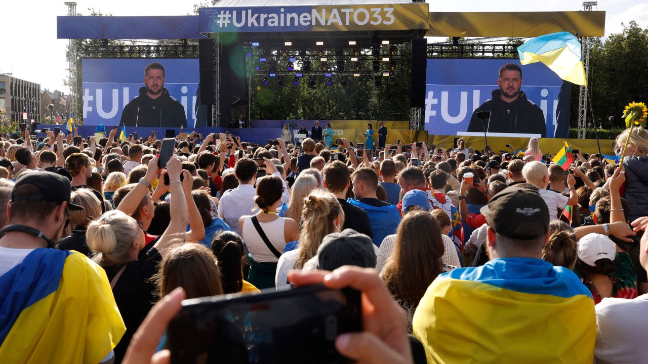 Zelensky addressed thousands at Lukiskes Square in Vilnius, on July 11, 2023.