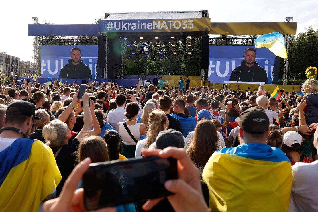 Zelensky addressed thousands at Lukiskes Square in Vilnius, on July 11, 2023.