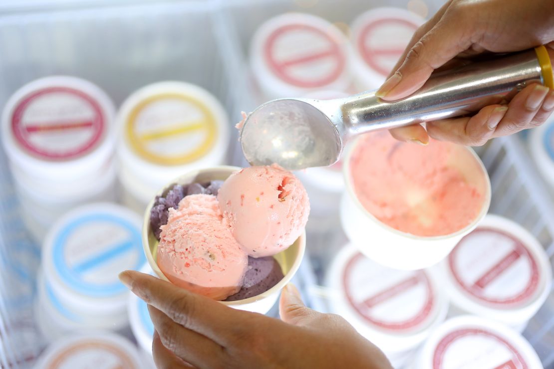 Scoops of Falooda ice cream are placed on top Blueberry Lavender ice cream at Pints of Joy in Sunnyvale, California. 